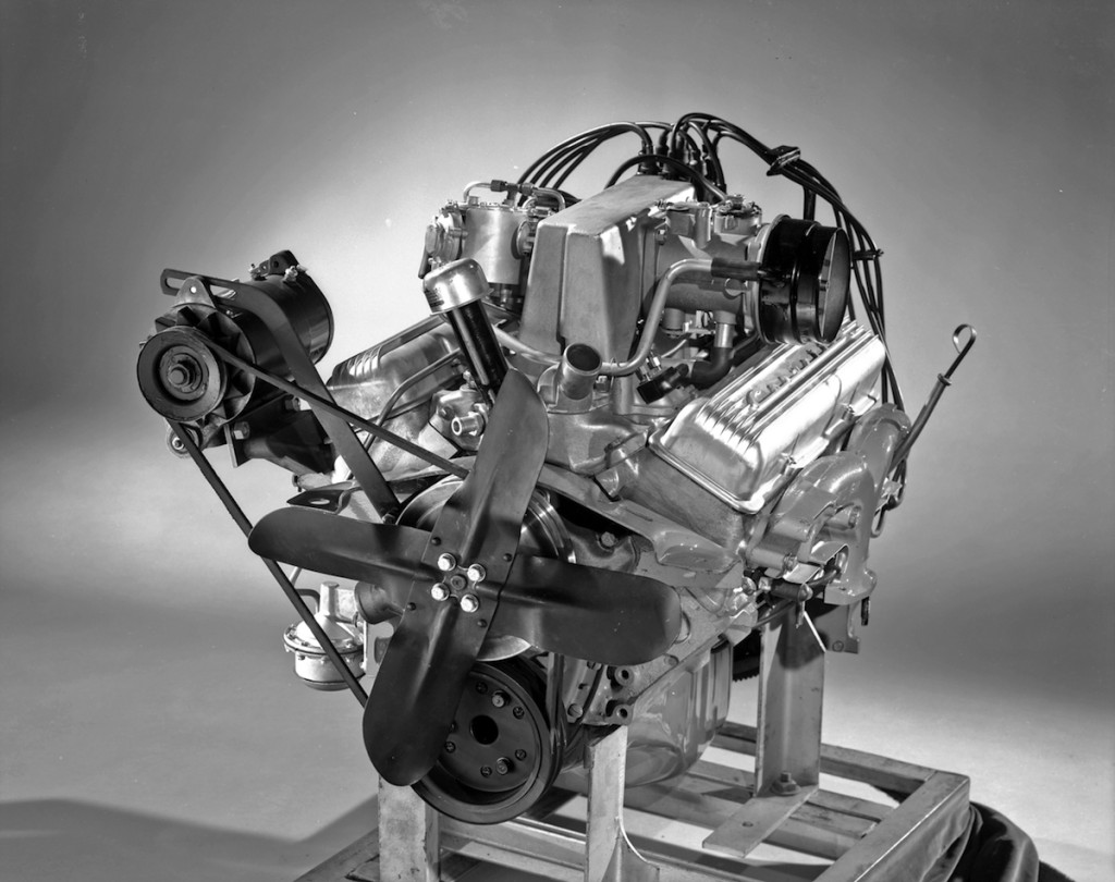 In carbureted form, the 283-inch Chevrolet small-block V8 was good for up to 270 horsepower; with a solid-lifter cam and Rochester mechanical fuel injection (seen here), the factory horsepower number grew to 290. (Photo courtesy Chevrolet/GM Media Archives)