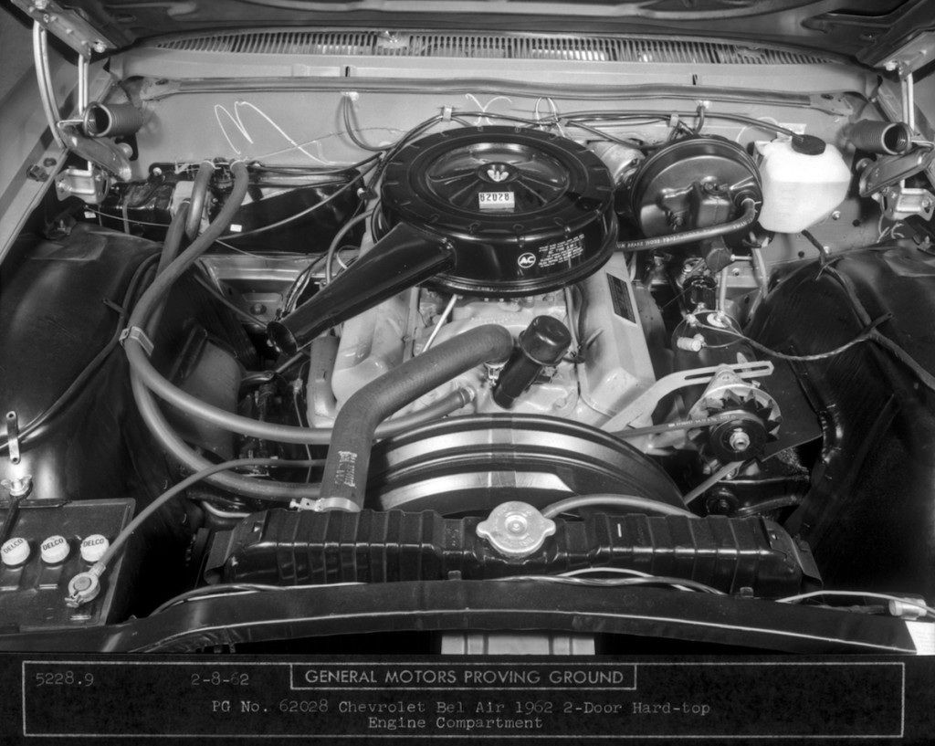 For 1962, the smallblock’s displacement grew to 327 cubic inches--and this was the scene that greeted Chevy lovers when they popped the hood of a 327-powered BelAir that year. (Courtesy Chevrolet/GM Media Archives)