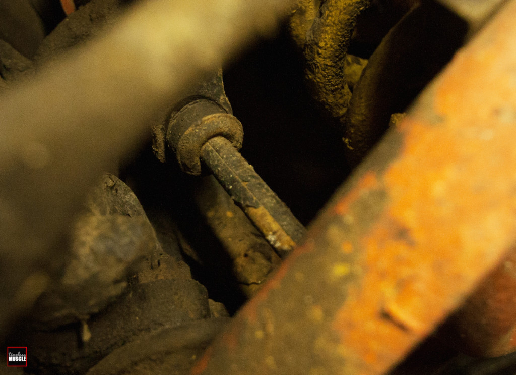 We started by removing the OEM sway bar from the the front of the Chevelle, first by removing the well-used tie-rod ends.